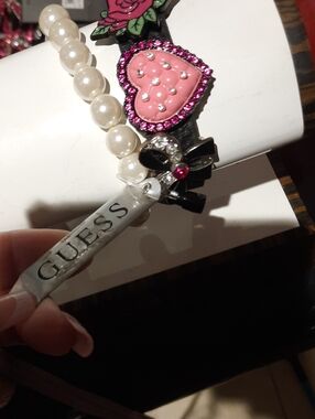 NWT GUESS Bundle Bracelet Set in Black, Pink & Pearl 1 Stretchy 1 Leather Charms